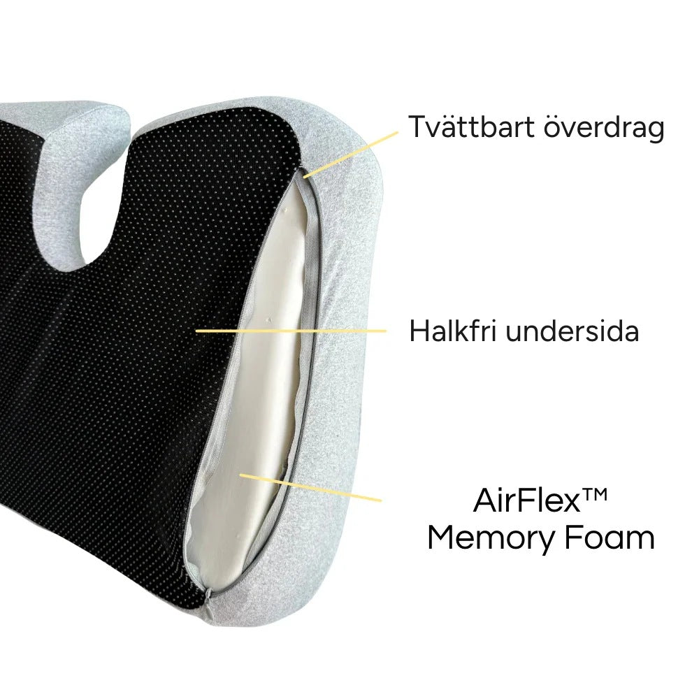 Sittkudden i genomskärning: tvättbart överdrag, halkfri undersida och minnesskum